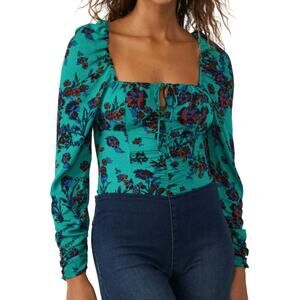 NWT * FREE PEOPLE Hillary Print Keyhole Top in Green Multi